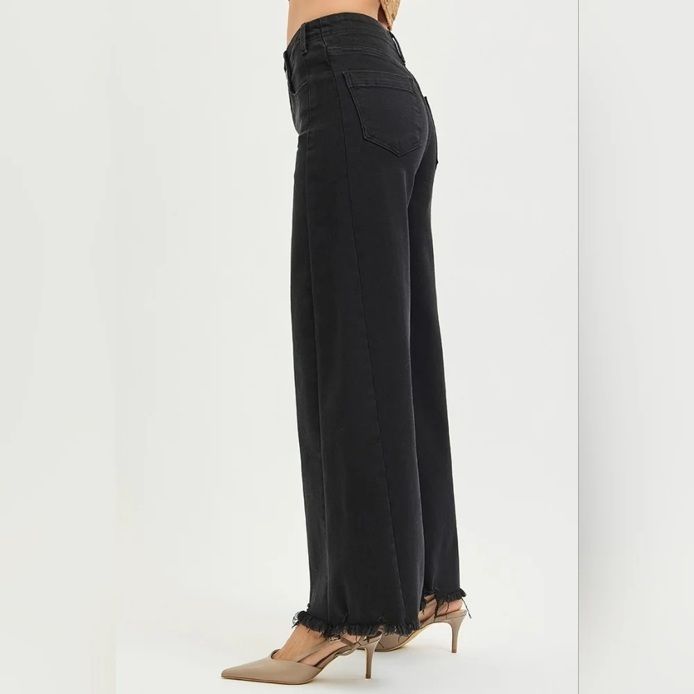 RISEN HR Tummy Control Black Palazzo Jeans Wide Leg Distressed Hems Various NEW - Picture 8 of 13